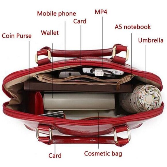 Large Red Patent Leather Handbag with Adjustable Strap - Chic Storage Solution - Picture 3 of 7